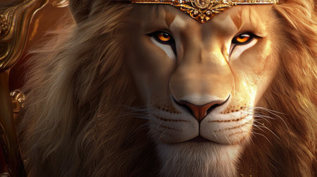 This stunning portrait features a majestic lion wearing a regal crown, exuding power and grace. The rich golden tones and intricate details enhance its fierce beauty.の素材