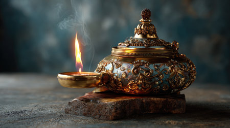This image features an ornate decorative oil lamp with a flickering flame, showcasing intricate metal design and a rustic surface, creating a warm ambiance.の素材