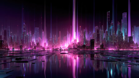 This stunning futuristic cityscape features vibrant neon lights illuminating a serene water surface. The captivating reflections create a mesmerizing ambiance, showcasing a blend of technology and artistic design.の素材