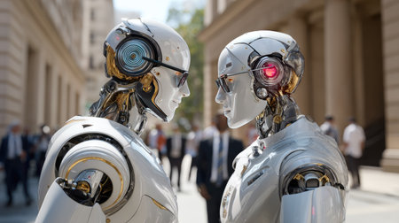 Two futuristic robots engage in an intriguing face-off in a bustling urban setting, surrounded by people, reflecting the creativity of modern technology and design.の素材