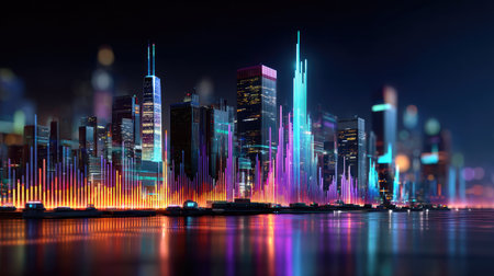 A stunning city skyline illuminated by vibrant neon lights and dynamic sound waves, showcasing a modern urban landscape and creative energy.の素材