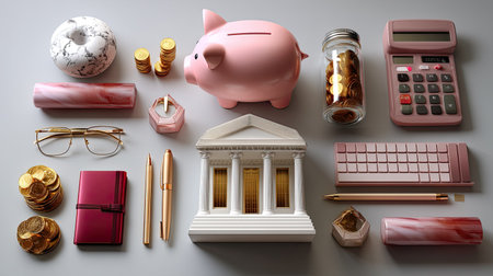 A vibrant and organized workspace featuring a piggy bank, coins, and a calculator, ideal for financial planning, savings, and investment strategies.の素材