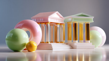 A striking arrangement of pastel-colored geometric shapes and classical columns, blending traditional and modern aesthetics in an imaginative artistic display.の素材