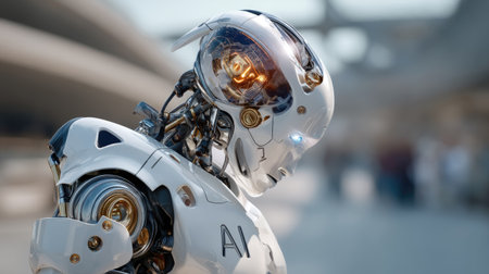Explore a striking image of a humanoid robot featuring detailed mechanical components and advanced artificial intelligence, highlighting the future of technology.の素材