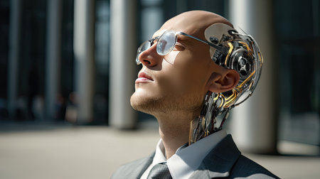 A striking image of a man with a cybernetic head and sunglasses, set in a modern urban environment, blending technology and humanity seamlessly.の素材