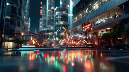 A mesmerizing futuristic cityscape at night featuring vibrant lights, towering buildings, and a stock market graph reflected in a puddle, symbolizing investment and growth.の素材