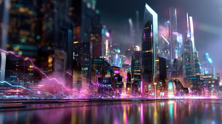 A stunning futuristic cityscape filled with vibrant neon lights, showcasing tall skyscrapers that reflect beautifully on water surfaces at night.の素材
