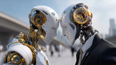 Two humanoid robots engage in an intense face-to-face moment in a futuristic city, showcasing advanced technology, emotional connection, and innovation.の素材