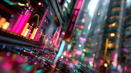 Vibrant digital data visualization featuring colorful charts and graphs in a futuristic urban environment, capturing the essence of technology and analytics.の素材