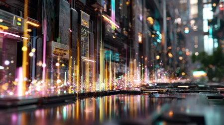 This imaginative digital landscape features colorful light trails and high-tech elements, creating a vibrant urban scene that showcases modern technology and innovation.の素材
