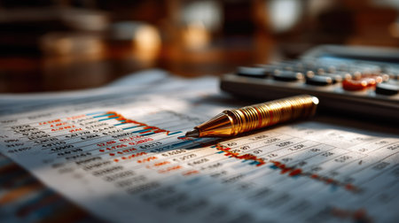 A close-up view of a financial analysis setup featuring colorful graphs on paperwork, a calculator, and a golden pen, symbolizing business insights.の素材