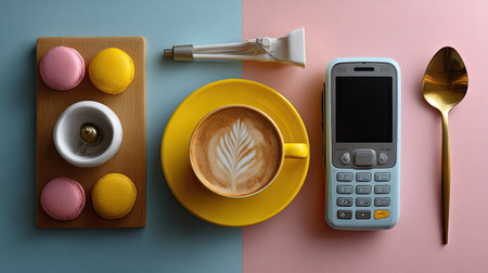A visually appealing flat lay featuring a delicious cup of coffee with latte art, colorful macarons, and a vintage smartphone, ideal for lifestyle themes.の素材