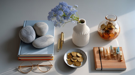 Discover a serene and stylish workspace featuring an arrangement of smooth stones, delicate flowers, shiny coins, and elegant notebooks designed to inspire creativity and enhance productivity.の素材