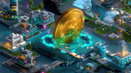This vibrant digital illustration showcases a futuristic cityscape dominated by a large bitcoin symbol, representing growth in the cryptocurrency and digital economy sectors.の素材