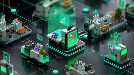 A captivating digital illustration showcasing a futuristic environment filled with smart devices and interactive interfaces, symbolizing innovation and connectivity.の素材