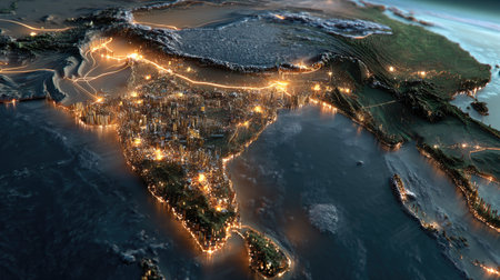 A stunning aerial representation of South Asia at night, featuring illuminated cities and vibrant natural landscapes, showcasing the region's beauty and diversity.の素材