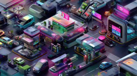 Dive into a lively urban scene illuminated by neon lights, showcasing a modern city filled with unique buildings, dynamic streets, and moving vehicles.の素材