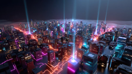 A stunning aerial view of a futuristic city illuminated by vibrant neon lights and glowing energy beams, showcasing modern architecture and a dynamic atmosphere.の素材