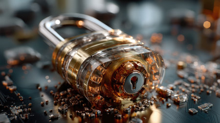 A striking image of a transparent and shiny padlock resting on a detailed circuit board, surrounded by various electronic components, representing modern security.の素材