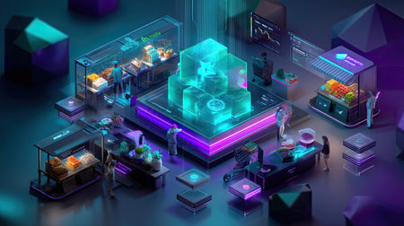This vibrant digital artwork showcases a futuristic marketplace filled with holographic displays and neon lights, highlighting innovation and modern commerce.の素材