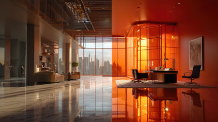 A striking modern office interior featuring glass walls with a city view at sunset. The elegant space exudes sophistication with vibrant colors and reflective surfaces.の素材