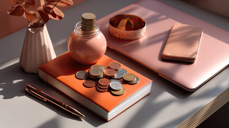 A serene workspace featuring an arrangement of coins, a sleek laptop, and decorative elements, perfect for inspiring financial planning and productivity.の素材