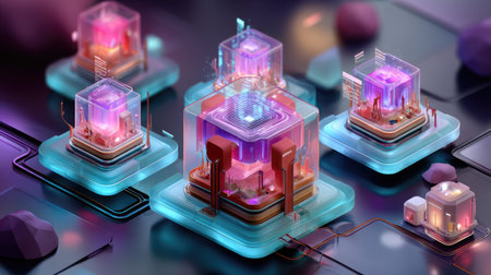 This vibrant digital artwork showcases a futuristic landscape featuring illuminated structures within a modern virtual environment, depicting technology and innovation.の素材