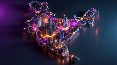 This vibrant digital illustration features a neon map of India highlighted by a futuristic cityscape, showcasing technological advancement and urban growth.の素材