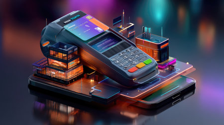 Explore modern payment solutions with a sleek mobile device and contactless reader amid a vibrant digital setting, showcasing innovation and convenience.の素材