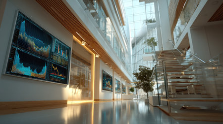 A sleek and modern office interior showcasing financial charts and graphs on walls, illuminated by natural light, promoting an innovative workspace.の素材