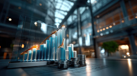 Dynamic visualization of financial growth featuring a rising graph, coins, and a modern office backdrop. This image represents investment success and market trends.の素材