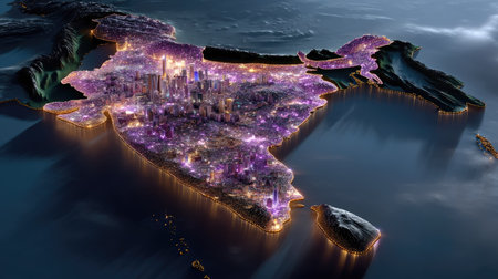Stunning aerial view showcases a nighttime cityscape over India, illuminated with vibrant neon lights, highlighting urban landscapes and coastal beauty.の素材