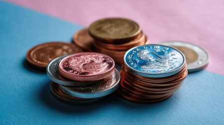An artistic arrangement of colorful coins stacked on a blue and pink surface, showcasing various sizes and denominations. The image captures the textures and shadows of the currency, emphasizing its visual appeal and the concept of financial growth.の素材