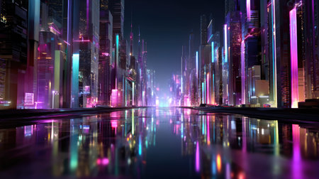 A mesmerizing view of a futuristic urban landscape featuring glowing neon lights and vibrant reflections in the serene waters below, set against a night sky.の素材