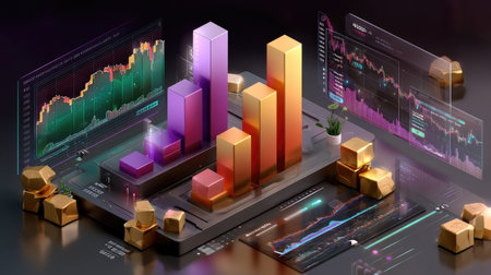 This image showcases a modern digital data visualization featuring vibrant graphs and charts, ideal for representing financial trends and market analysis.の素材