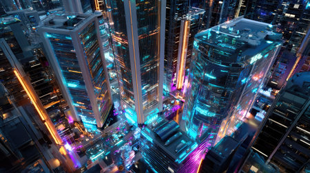 A breathtaking aerial view of a futuristic cityscape at night, showcasing illuminated skyscrapers with vibrant neon lights. This dynamic urban environment embodies modern architecture and innovative design, creating an energetic atmosphere filled with life and technology.の素材