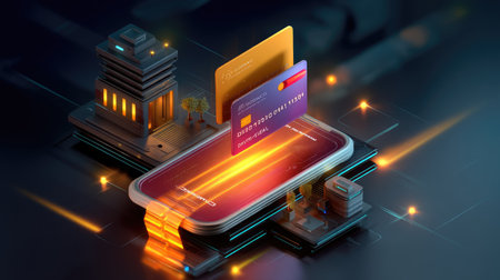 This image illustrates a futuristic digital payment concept featuring a smartphone and credit cards, set against a vibrant urban backdrop, showcasing modern technology and finance.の素材