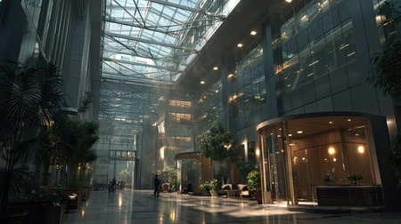 Bright and spacious indoor lobby featuring a striking glass ceiling, minimalist furniture, and lush greenery, creating an inviting atmosphere in a modern building.の素材