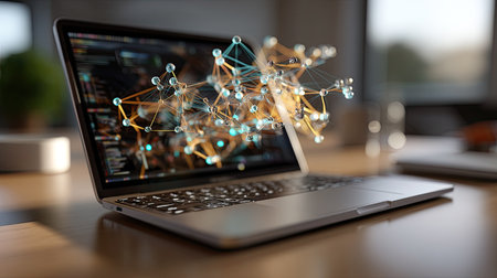 This image showcases a laptop displaying data connectivity and intricate network visualizations above its screen, set in a modern workspace environment.の素材