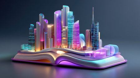 An imaginative cityscape emerges from an open book, showcasing futuristic skyscrapers lit with vibrant colors and modern design elements, creating a visually captivating scene.の素材