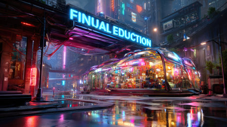 A captivating urban scene showcasing a glowing futuristic storefront with neon lights, vibrant colors, and reflections on a rain-soaked pavement, evoking a lively city atmosphere.の素材