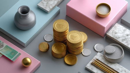 This visually striking image features stacks of gold coins set against a backdrop of colorful and marble surfaces, creating an elegant composition ideal for finance themes.の素材