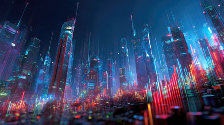 A vibrant cityscape features towering skyscrapers illuminated by neon lights, showcasing a futuristic ambiance with dynamic data visualizations and bright colors.の素材