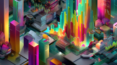 This vibrant abstract cityscape features colorful 3D digital visualizations, with modern architecture elements and a dynamic composition, ideal for tech and finance themes.の素材