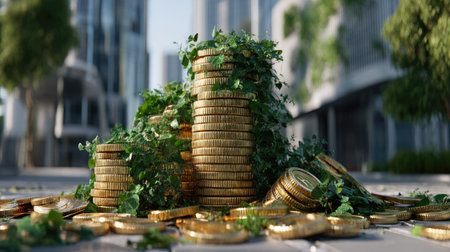 A striking visual of a large pile of gold coins intertwined with lush green vines in an urban environment, symbolizing the harmony between nature and financial growth.の素材