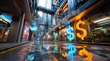 A captivating urban night scene showcasing vibrant neon dollar signs reflecting on a wet pavement in a futuristic city street, highlighting modern architecture.の素材