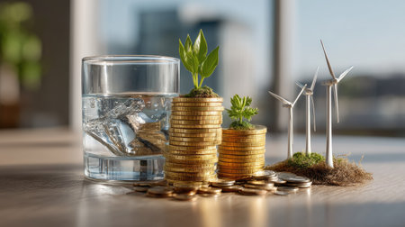 A visually striking image showcasing green plants emerging from stacks of coins. This scene combines themes of finance and sustainability, highlighting the concept of eco-friendly investment and growth in a modern business environment.の素材