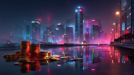 Stunning futuristic cityscape at night showcasing a vibrant skyline, glowing reflections on water, and stacks of shining coins symbolizing wealth and prosperity.の素材