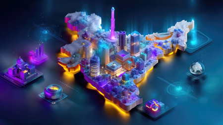 This vibrant 3D map of India showcases a blend of futuristic cityscapes, illuminated designs, and technological features, highlighting urban innovation.の素材