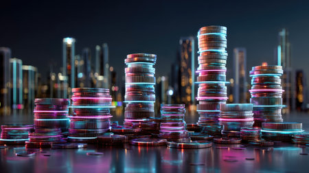 A captivating scene featuring towering stacks of coins illuminated by the bright lights of an urban skyline at night, symbolizing wealth and success.の素材